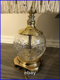 Two Vtg Lamps Crystal Brass Table Bedside Desk Fringe Art Nouveau Style Silk 15