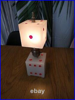 Unique Vintage Art Deco white Milk Glass Dice Lamp WORKS GOOD! Red dice lamp