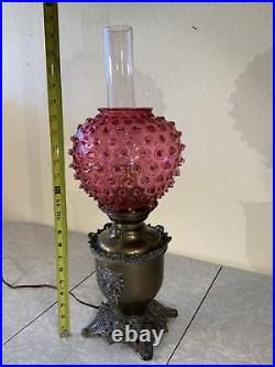 VINTAGE ANTIQUE OIL TABLE LAMP GWTW BANQUET PARLOR Brass Cranberry Hobnail GLASS