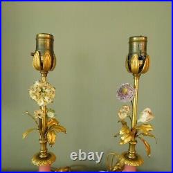 VINTAGE PAIR of ITALIAN TOLE BOUDOIR LAMPS with PINK GLASS and CAST IRON BASES