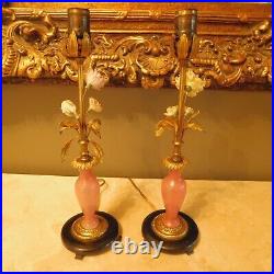 VINTAGE PAIR of ITALIAN TOLE BOUDOIR LAMPS with PINK GLASS and CAST IRON BASES