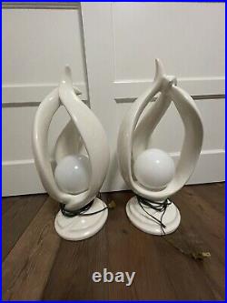 VINTAGE Two Genuine Harris MCM White Ceramic Art Deco Flame Lamps