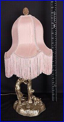 VTG 21 Art Nouveau Nymph Lamp Gold Spelter with Pink Fringe Shade Amazing