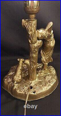 VTG 21 Art Nouveau Nymph Lamp Gold Spelter with Pink Fringe Shade Amazing