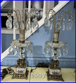 VTG 2 MID C CRYSTAL WATERFALL Table Lamps BOUDOIR Hollywood Regency 22 Set