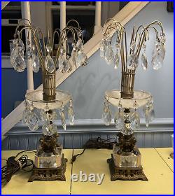 VTG 2 MID C CRYSTAL WATERFALL Table Lamps BOUDOIR Hollywood Regency 22 Set
