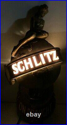 VTG 70s Schlitz On Draught Beer Lighted Wall Sconce Girl on Globe Lamp Art Deco