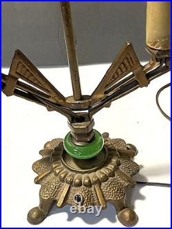 VTG ANTIQUE Art Deco TABLE LAMP WithJadeite GLASS STEM ACCENT Bronze 2 ARM LIGHT