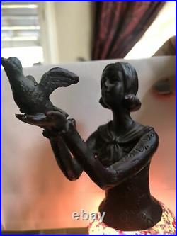 VTG ART DECO BRWN/BRONZE FINISH WOMAN With BIRD DESK LAMP With GLASS SKIRT 15