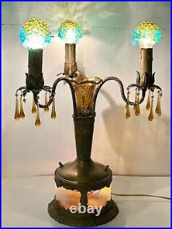 VTG Art Deco Brass Amber Glass Electric 3 Arm Candelabra Table Lamp Lighted Base