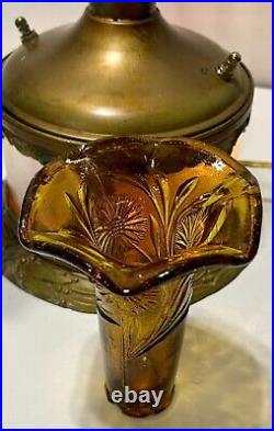 VTG Art Deco Brass Amber Glass Electric 3 Arm Candelabra Table Lamp Lighted Base