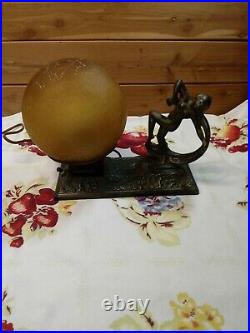 VTG Art Deco Cast Metal Dancing Nude Lady Lamp with Amber Crackle Glass Shade