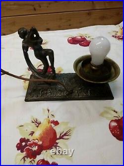 VTG Art Deco Cast Metal Dancing Nude Lady Lamp with Amber Crackle Glass Shade