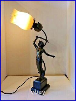 VTG Art Deco Nouveau Female Fighter with Sword Lamp 1900-1940 & Quezal Art Shade
