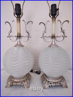 VTG Art Deco Ornate Draped Frosted White Globe Table Lamp Pair