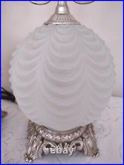VTG Art Deco Ornate Draped Frosted White Globe Table Lamp Pair