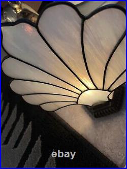 VTG Art Deco Style Fan/Shell Stained Glass & Brass Lamp Iridescent Finish WORKS