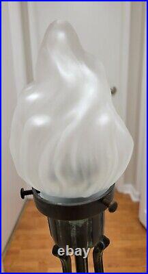 VTG Art Nouveau Style Bronze Mantle Lamp Flame Opaque Glass Shade