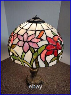 VTG Art Nouveau Style STAINED GLASS LEADED Table Lamp 12 Floral Shade W Stand