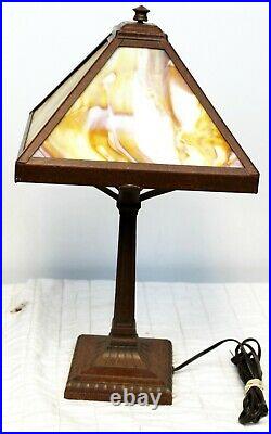 VTG Arts & Crafts Style Brown Table Lamp with Slag Glass Shade Heavy Metal Base