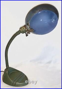 VTG EVEN GLO ART DECO Gooseneck Desk Lamp Cast Iron Base #131 Blue Lens Filter