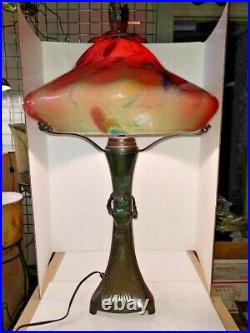 VTG Gustav Gurschner-2 Repro Art Nouveau Maiden Tree Lamp + Red Strata Shade