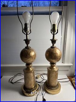 VTG HTF Pair Art Deco Eglomise CRACKLE GLASS GOLD TABLE LAMPS Numbered