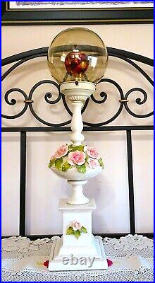 VTG MCM Art Deco Porcelain Majolica Floral Torchiere Glass Globe Table Lamp 21