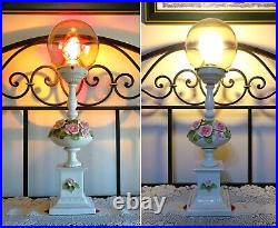 VTG MCM Art Deco Porcelain Majolica Floral Torchiere Glass Globe Table Lamp 21