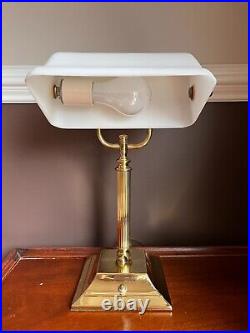 VTG MCM Gold Tone Brass Bankers Desk Lamp with White Glass Shade, Unique Art Decor