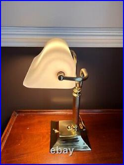 VTG MCM Gold Tone Brass Bankers Desk Lamp with White Glass Shade, Unique Art Decor