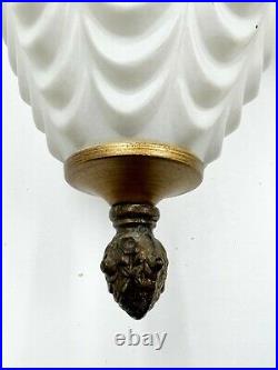 VTG Pair Art Deco/Hollywood Regency Hanging Swag Pendant Lamps-Milk Glass/Brass