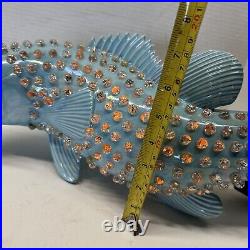 VTG RETRO CERAMIC ART KOI-CARP FISH 19 Blue IRIDESCENT CRACKED MARBLE TV LAMP