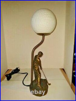 VTG Repro Art Nouveau Arts & Craft Golfer Lamp Post-1940 & Glass Golf Ball Shade