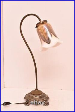 VTG STUDIOS ART GLASS IRIDESCENT PULLED FEATHER TULIP Gooseneck LAMP ART NOUVEAU