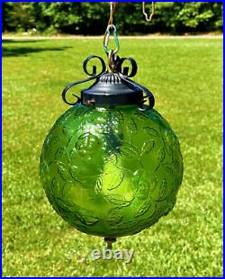 VTG Swag Lamp Light Green Glass Floral Globe Retro 1960s 70s MCM Art Deco Chain