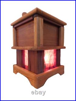VTG Unique Slag Glass Art Crafts Mission Style Solid Wood Stash Box Table Lamp