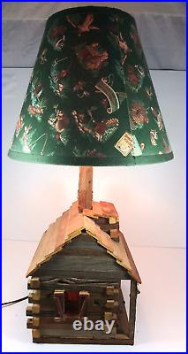 VTG Wood Log Cabin Handmade Primitive Folk Art Lighted Inside Shade Lamp TESTED