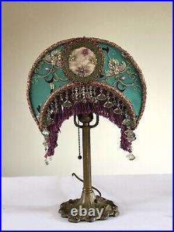 Victorian Crescent Moon Lamp Shade &Art Nouveau Base HAND SEWN Beaded Fringe vtg