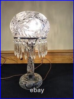 Vintage 1920's Art Deco Cut Glass Mushroom Dome Shade Table Lamp with Prisms