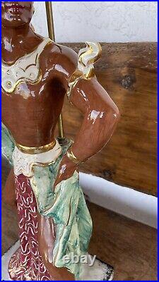 Vintage 1950s Art Deco MCM Hand Painted Ceramic African Tribal Dancer Lamp Works
