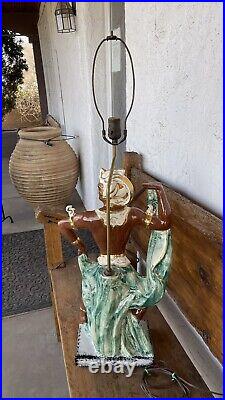 Vintage 1950s Art Deco MCM Hand Painted Ceramic African Tribal Dancer Lamp Works