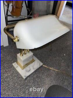 Vintage 1950s Art Deco Marble Base Brass Bankers Desk Lamp White Glass Shade