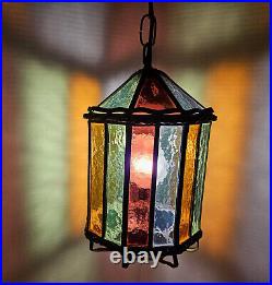 Vintage 1960 Denmark Arts and Crafts Hanging Stained Glass Lamp Light Pendant