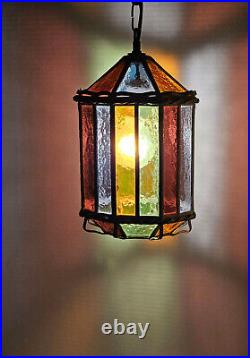 Vintage 1960 Denmark Arts and Crafts Hanging Stained Glass Lamp Light Pendant