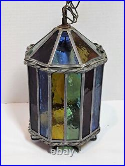 Vintage 1960 Denmark Arts and Crafts Hanging Stained Glass Lamp Light Pendant