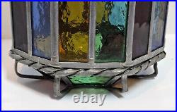 Vintage 1960 Denmark Arts and Crafts Hanging Stained Glass Lamp Light Pendant