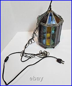 Vintage 1960 Denmark Arts and Crafts Hanging Stained Glass Lamp Light Pendant