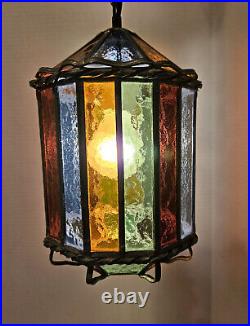 Vintage 1960 Denmark Arts and Crafts Hanging Stained Glass Lamp Light Pendant