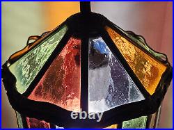 Vintage 1960 Denmark Arts and Crafts Hanging Stained Glass Lamp Light Pendant